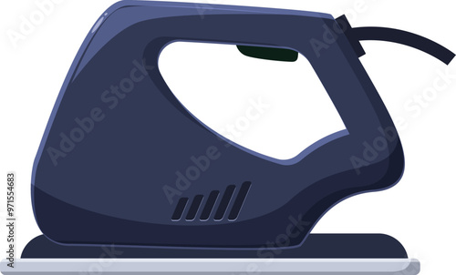 Modern electric iron standing on an ironing board, ready to be used for wrinkle free clothes
