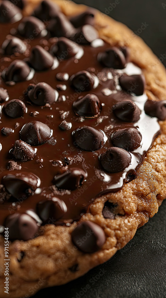 Delicious giant chocolate chip cookie with gooey chocolate chips melting on top Delicious giant chocolate chip cookie with gooey chocolate chips melting on top