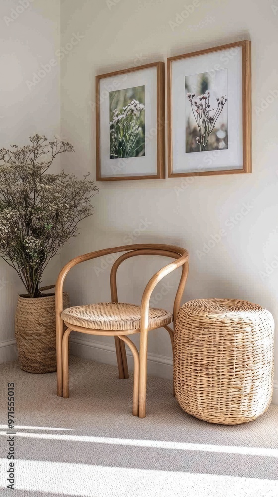 Four nature-themed artwork frames hang on a white wall in a cozy living room. A modern wicker armchair complements the warm ambiance created by natural sunlight Four nature-themed artwork frames hang on a white wall in a cozy living room. A modern wicker armchair complements the warm ambiance created by natural sunlight