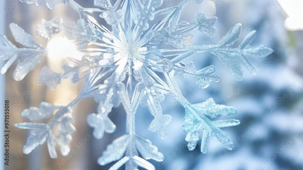 Large decorative snowflake is hanging on a window with a snowy forest visible in the background. The light of the sun shines through the window and the snowflake Large decorative snowflake is hanging on a window with a snowy forest visible in the background. The light of the sun shines through the window and the snowflake