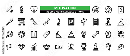 36 Motivation Line Icons Set Pack Editable Stroke Vector Illustration.