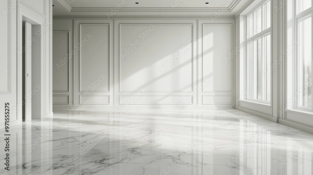 Empty room, white marble floor, white walls, generative ai Empty room, white marble floor, white walls, generative ai