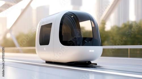 Futuristic autonomous pod train traveling on elevated track in a modern city.