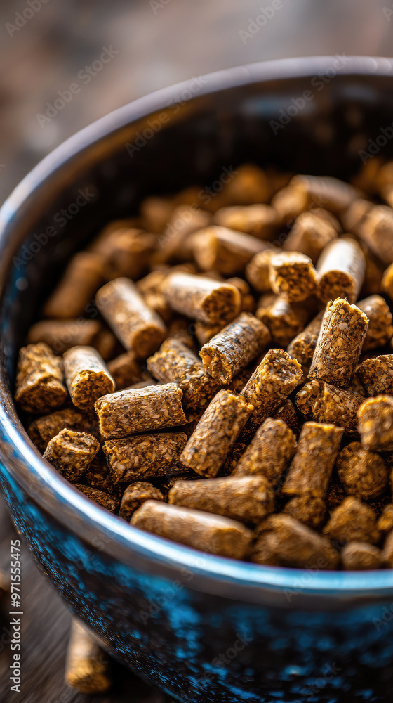 Obraz premium Close up of rabbit feed pellets in small bowl, showcasing their texture and color