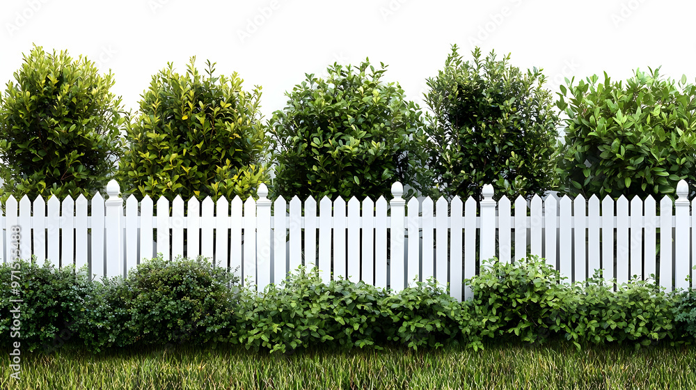 A white picket fence with lush greenery and shrubs, creating a serene outdoor environment. A white picket fence with lush greenery and shrubs, creating a serene outdoor environment.
