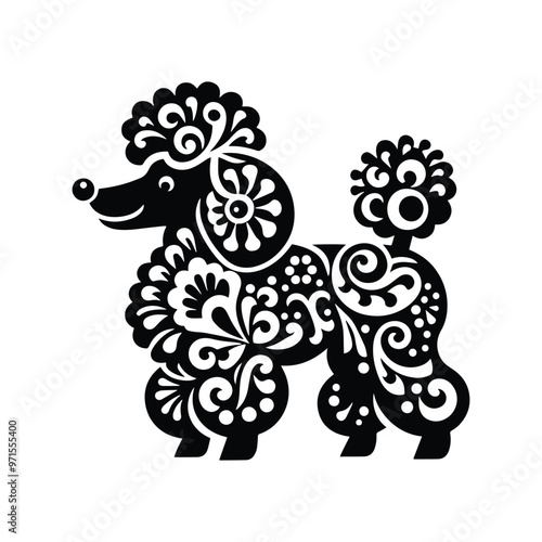Poodle dog in folk art black and white silhouette illustration