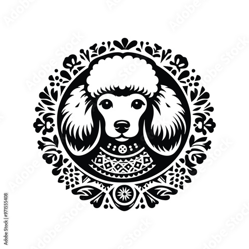 Poodle dog in folk art black and white silhouette illustration