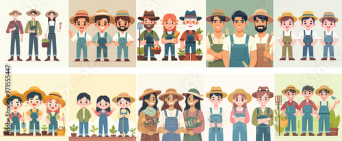 vector set of cheerful farmers full body with flat design style