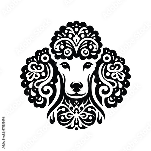 Poodle dog in folk art black and white silhouette illustration