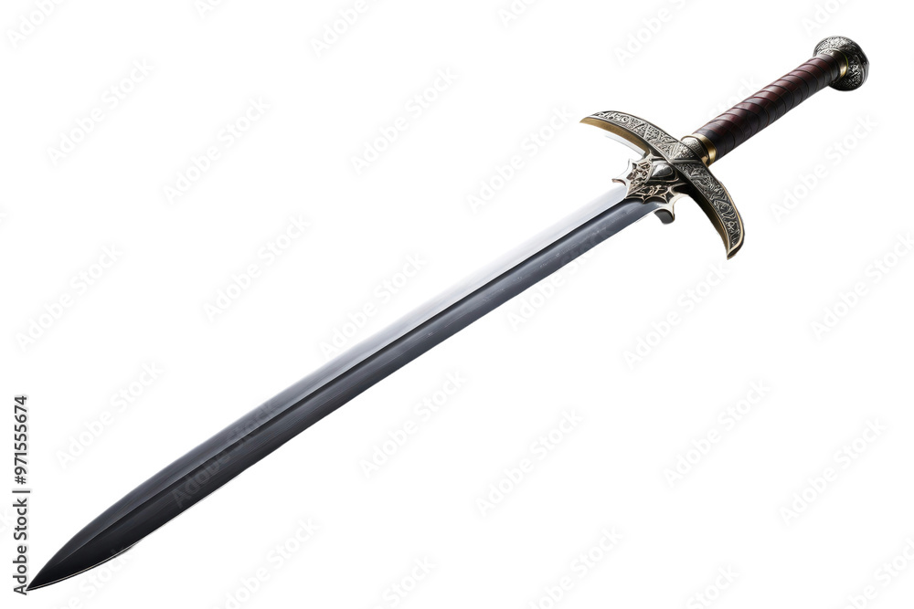 Medieval sword, full body, centered isolation on a pristine white background, glinting steel catching studio lights, intricate details visible on the hilt, shadow cast on the ground beneath Medieval sword, full body, centered isolation on a pristine white background, glinting steel catching studio lights, intricate details visible on the hilt, shadow cast on the ground beneath