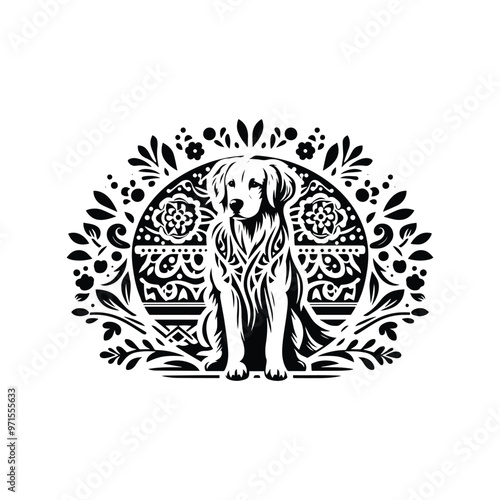 Retriever dog in bohemian black and white silhouette illustration