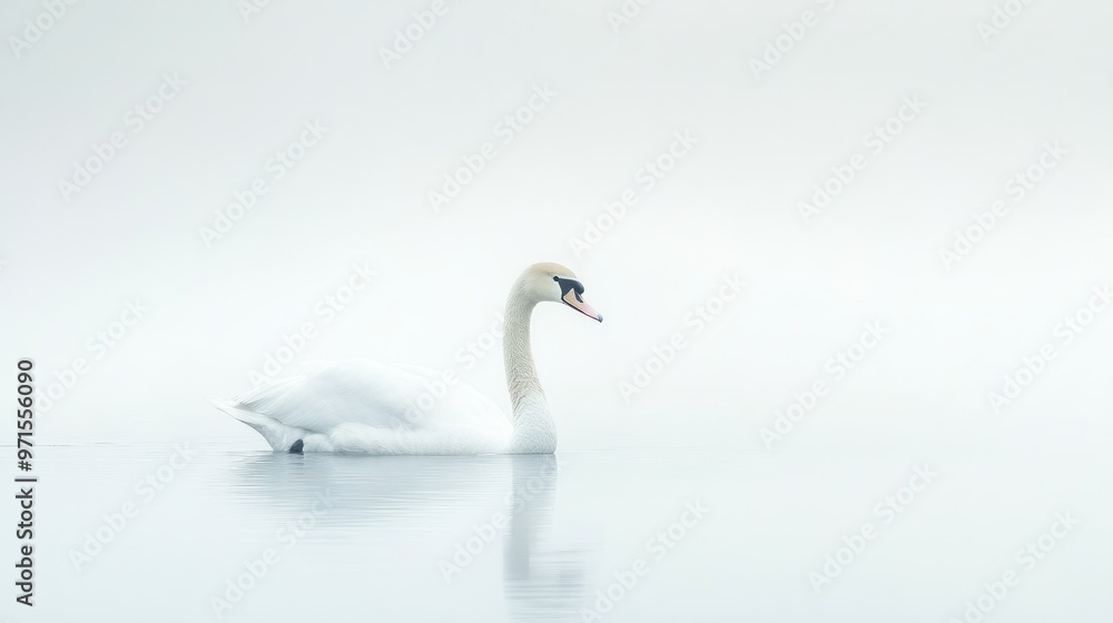 A White Swan Gracefully Navigates Calm Waters Against a Misty Background A White Swan Gracefully Navigates Calm Waters Against a Misty Background