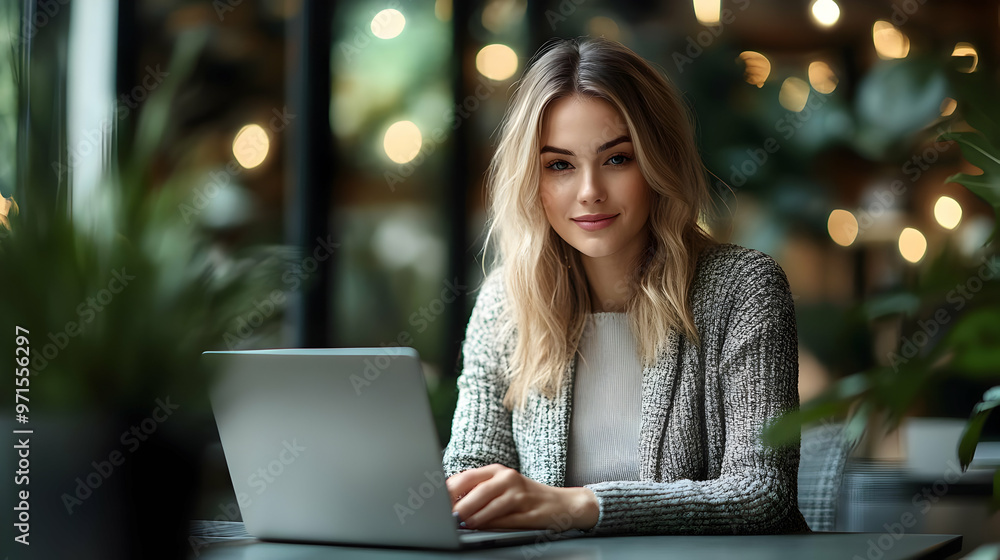A woman working on a laptop in a cozy, plant-filled environment. A woman working on a laptop in a cozy, plant-filled environment.