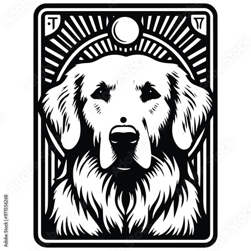 Retriever dog in Tarot card black and white silhouette illustration
