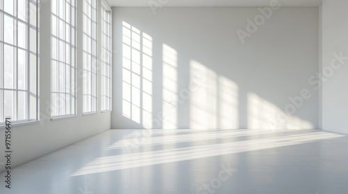 Empty room, white walls and floor, bright natural light, generative ai