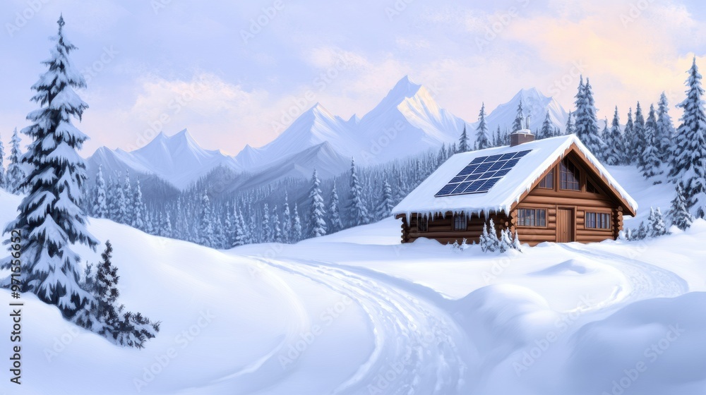 A snowy scene of a cabin in the woods with solar panels, AI A snowy scene of a cabin in the woods with solar panels, AI