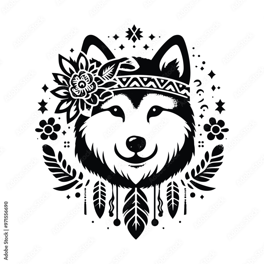 Obraz premium shiba dog in bohemian black and white silhouette illustration