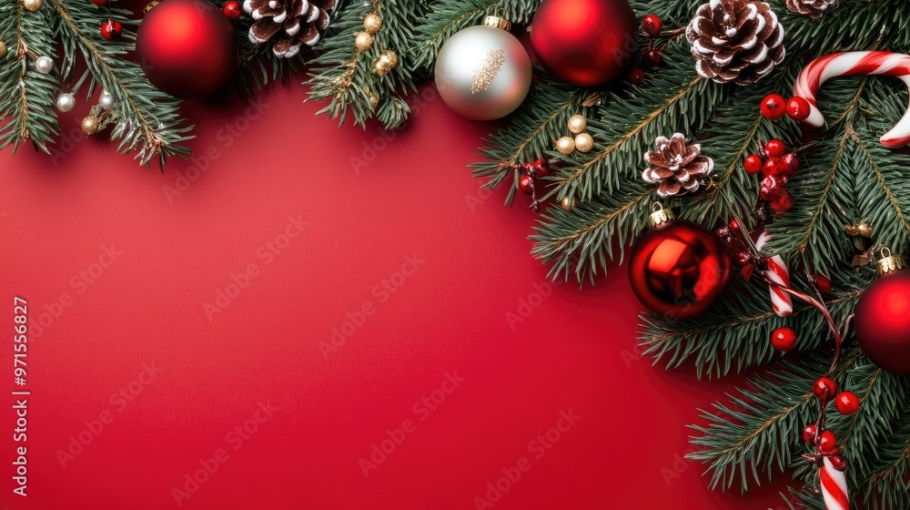 A cheerful arrangement of candy canes and pine branches creates a festive atmosphere on a bright red surface, ideal for holiday-themed designs or decorations