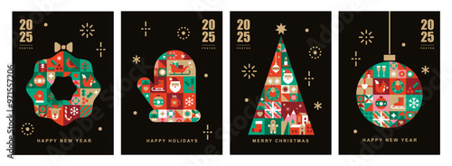 Christmas card templates. Icons in abstract modern geometric flat style. Winter poster set. Christmas wreath, Christmas tree and Christmas mitten. Bauhaus design. Happy holidays. Vector illustration.