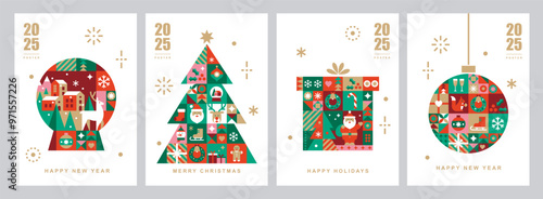 Christmas card templates. Winter icons in abstract modern geometric flat style. Snow globe, Christmas tree and Christmas box. Bauhaus design. Happy holidays. Seasons greetings.Vector illustration set. photo