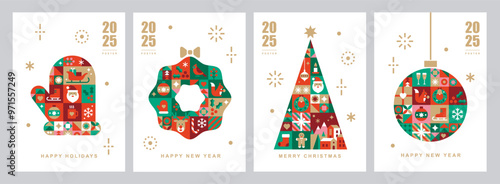 Christmas card templates. Icons in abstract modern geometric flat style. Winter poster set. Christmas wreath, Christmas tree and Christmas mitten. Bauhaus design. Happy holidays. Vector illustration.
