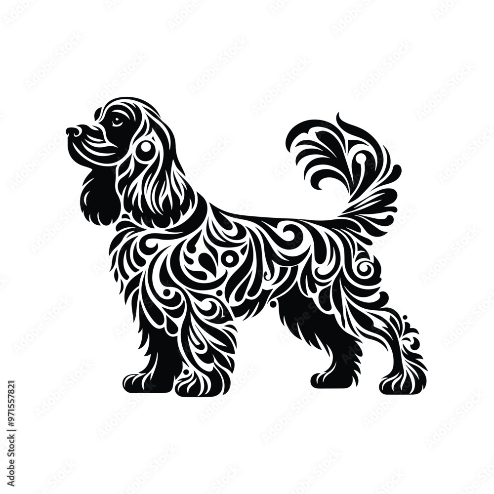 Spaniel dog in folk art black and white silhouette illustration Spaniel dog in folk art black and white silhouette illustration