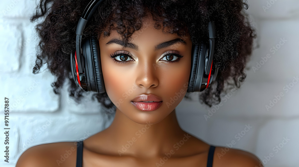 A young woman with curly hair wearing headphones, gazing thoughtfully at the camera. A young woman with curly hair wearing headphones, gazing thoughtfully at the camera.