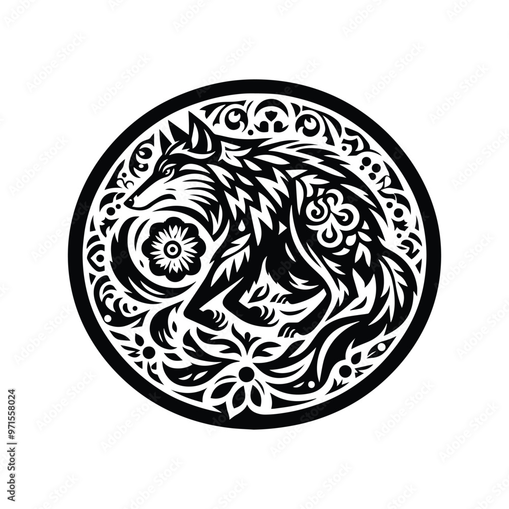 Wolf in folk art black and white silhouette illustration Wolf in folk art black and white silhouette illustration
