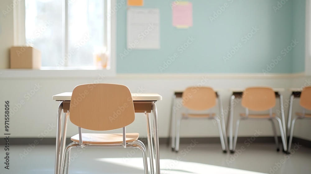 Empty classroom with desks and chairs, ready for learning. Empty classroom with desks and chairs, ready for learning.