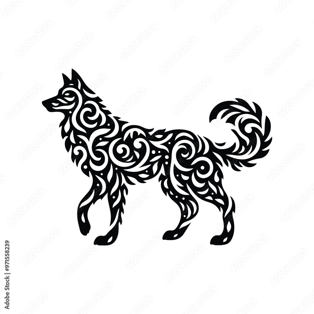 Fototapeta premium Wolf in folk art black and white silhouette illustration