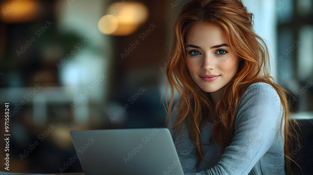 A young woman with long hair smiles while working on a laptop in a cozy, modern setting. A young woman with long hair smiles while working on a laptop in a cozy, modern setting.