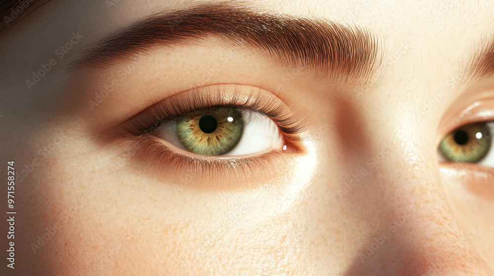Naklejka premium Close up of womans sparkling eyes showcasing subtle makeup, highlighting natural beauty and detail of her features. captivating green hue draws attention and evokes emotion
