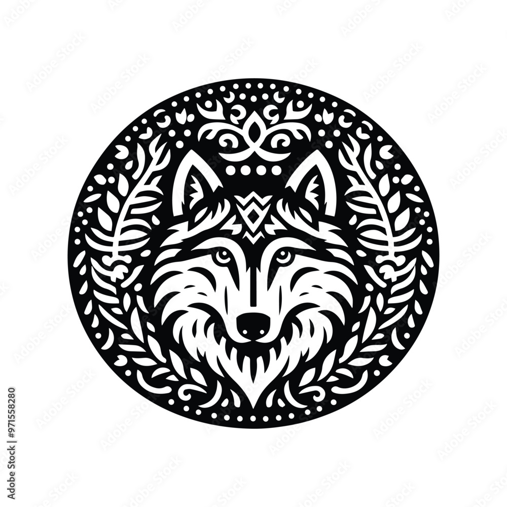 Fototapeta premium Wolf in folk art black and white silhouette illustration