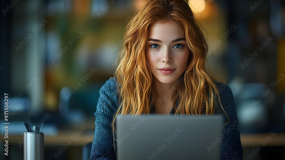 A young woman with wavy hair focused on her laptop in a modern workspace.
