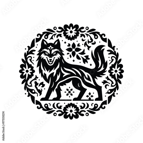 Wolf in folk art black and white silhouette illustration