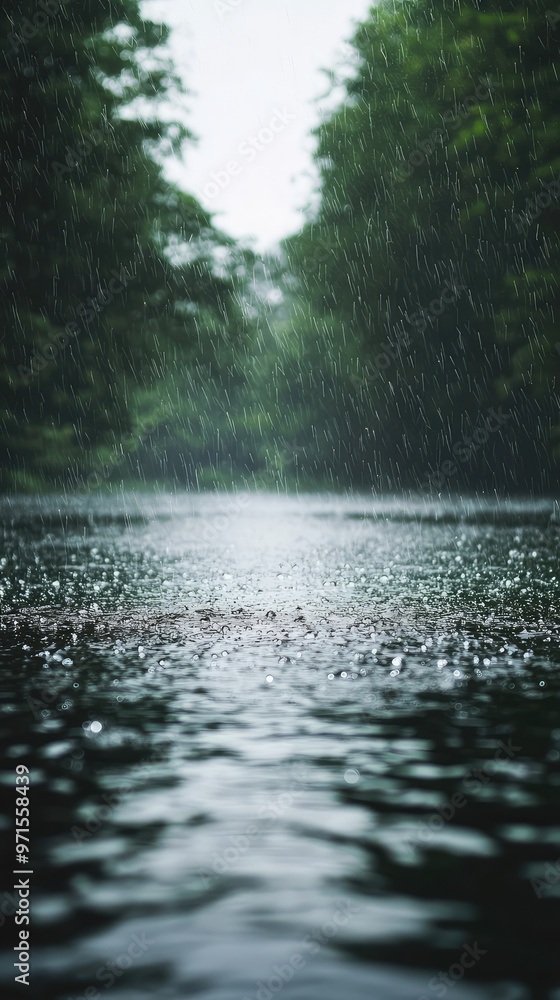 Fototapeta premium A serene downpour over calm river creates tranquil atmosphere