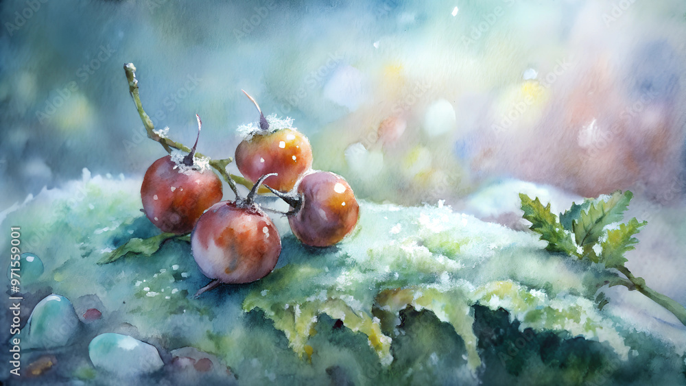 Fresh gooseberries on green leaf in snowy scenery, watercolor style Fresh gooseberries on green leaf in snowy scenery, watercolor style
