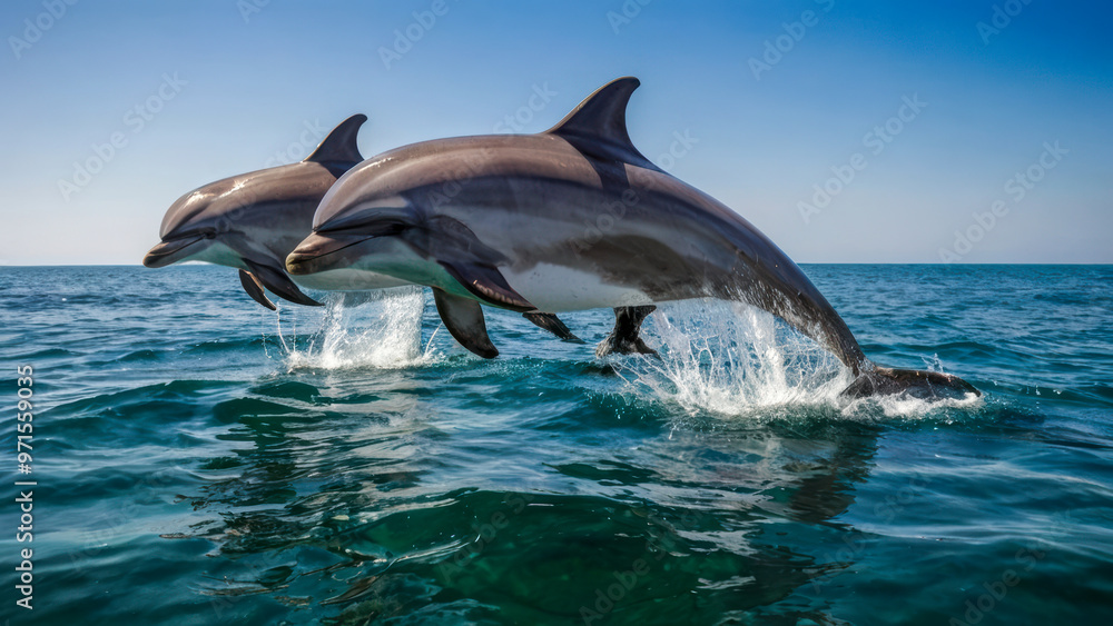 Obraz premium A group of dolphin jumping out of water creating a spray of water droplets.