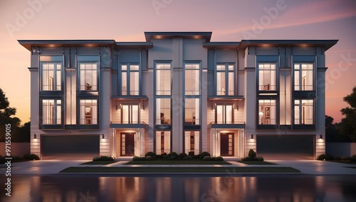 Wallpaper Mural A majestic family duplex house, set against a warm vibrant sunset backdrop.Home design ideas concept. Torontodigital.ca