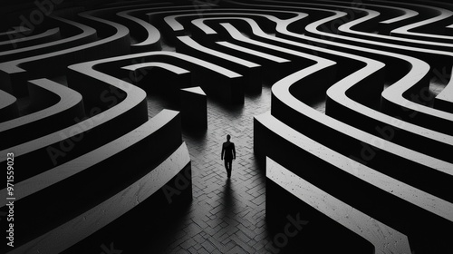 Endless Maze: A person wandering through a massive, abstract maze that seems to shift and change, symbolizing the feeling of getting lost or stuck while pursuing difficult goals that seem never-ending