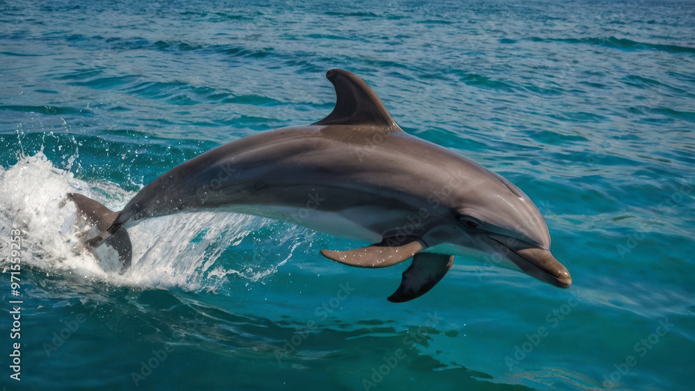 Naklejka premium dolphin jumping out of water creating a spray of water droplets.