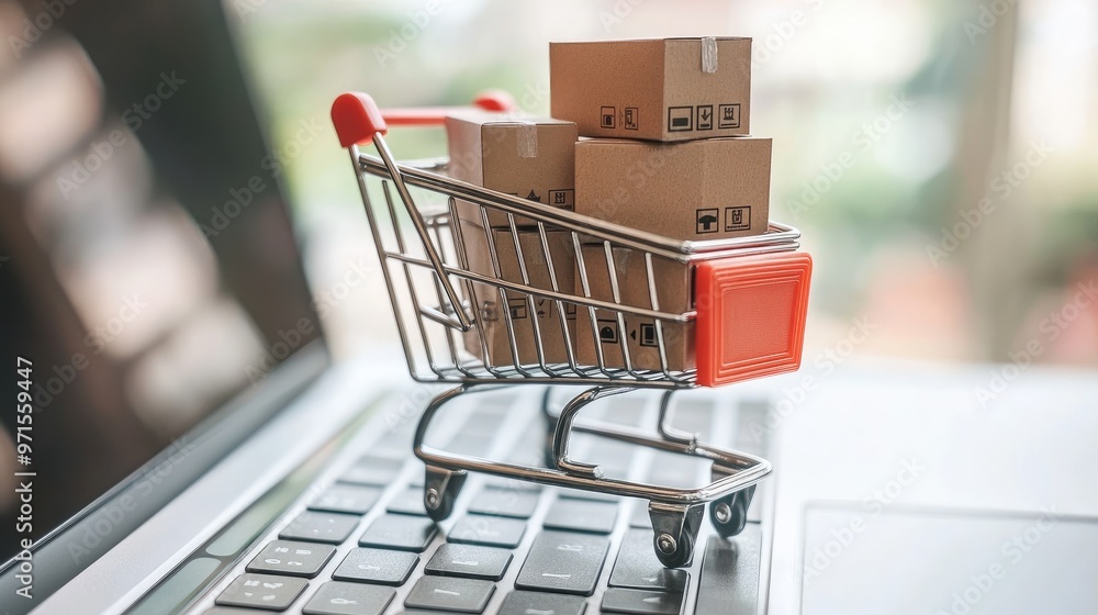 A miniature shopping cart filled with cardboard boxes sits on a laptop keyboard, representing online shopping and e-commerce. A miniature shopping cart filled with cardboard boxes sits on a laptop keyboard, representing online shopping and e-commerce.