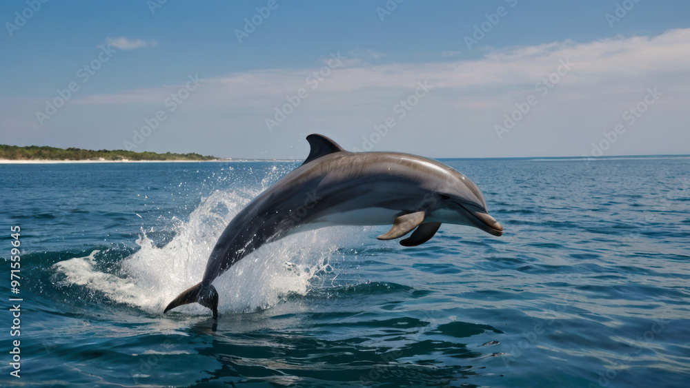 Fototapeta premium dolphin jumping out of water creating a spray of water droplets.