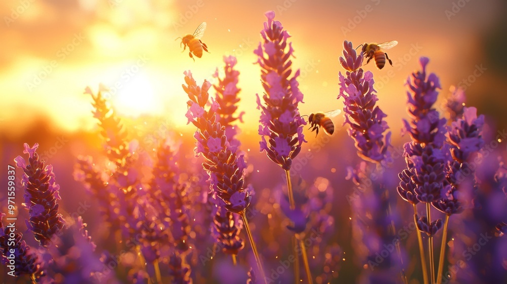 Obraz premium Sunset over a lavender field with bees buzzing around vibrant purple flowers, capturing the beauty of nature and pollination in golden light.