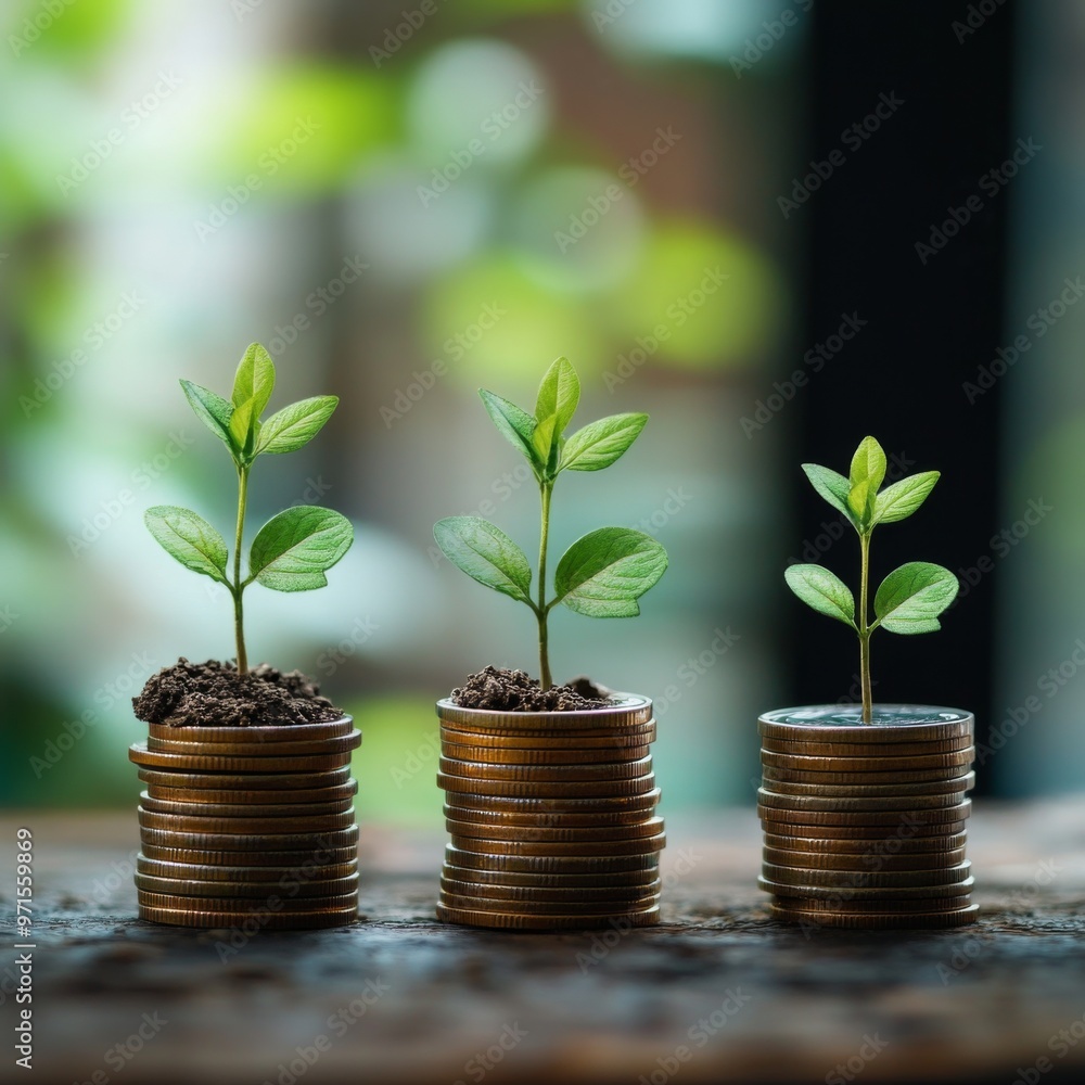 Three small green plants growing on stacks of coins, symbolizing financial growth and investment against a blurred natural background. Three small green plants growing on stacks of coins, symbolizing financial growth and investment against a blurred natural background.