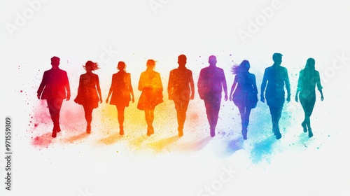 Silhouettes of diverse individuals walking forward, each uniquely colored, symbolizing unity, teamwork, and diversity in a vibrant display.