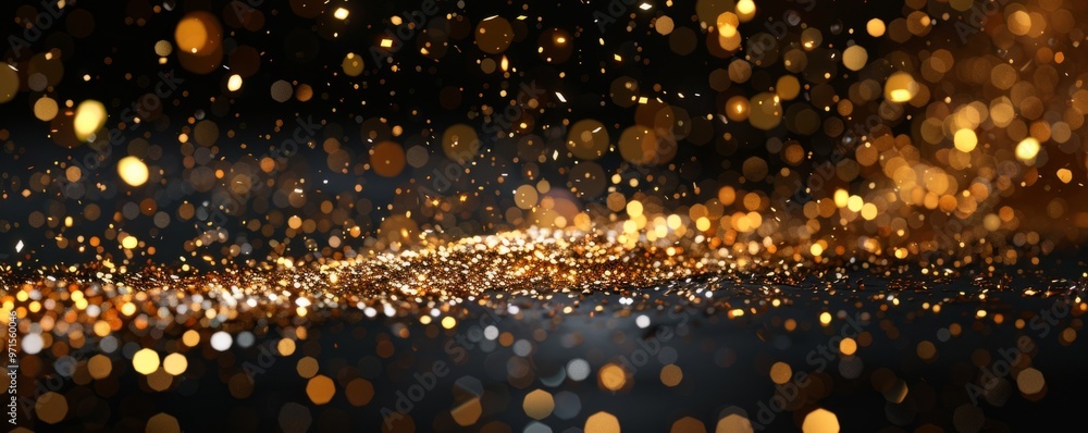 Golden glitter falling on a black surface with sparkling bokeh lights Golden glitter falling on a black surface with sparkling bokeh lights