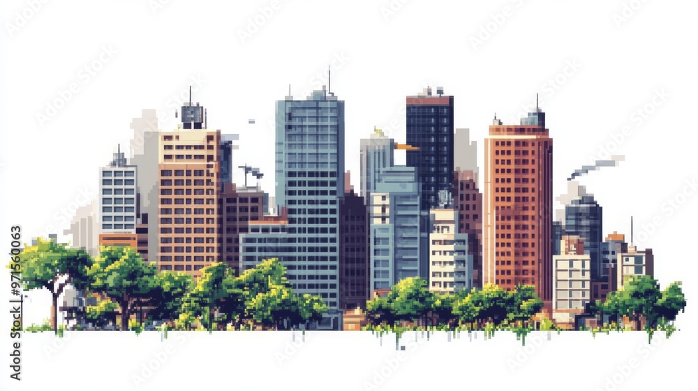 Obraz premium Illustration of a modern city skyline with high-rise buildings and green trees, showcasing urban architecture and cityscape design.
