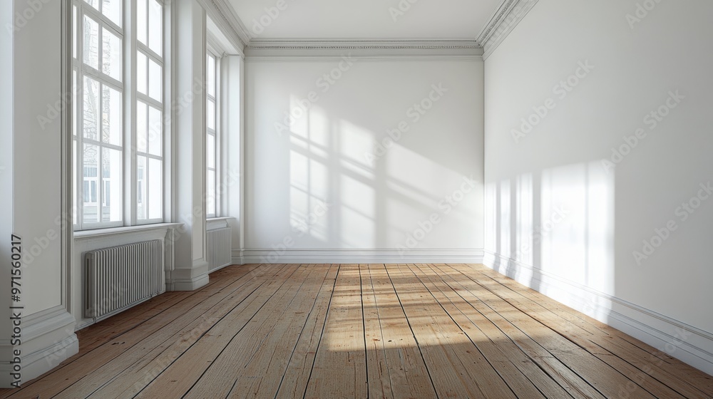 Empty room, wooden floor, white walls generative ai Empty room, wooden floor, white walls generative ai