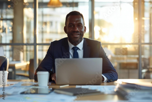 businessman sitting in his office, video chatting with his colleagues on his laptop, surrounded by coffee cups and documents.